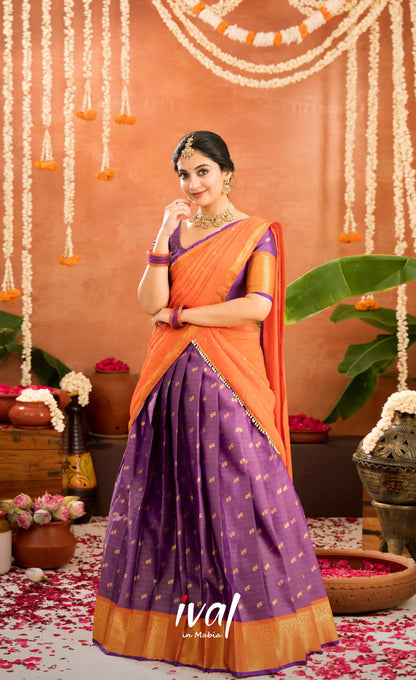 Izhaiyini Organza Halfsaree - Purple and Orange - Half Sarees