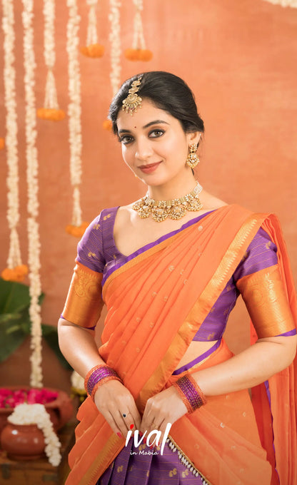 Izhaiyini Organza Halfsaree - Purple and Orange - Half Sarees
