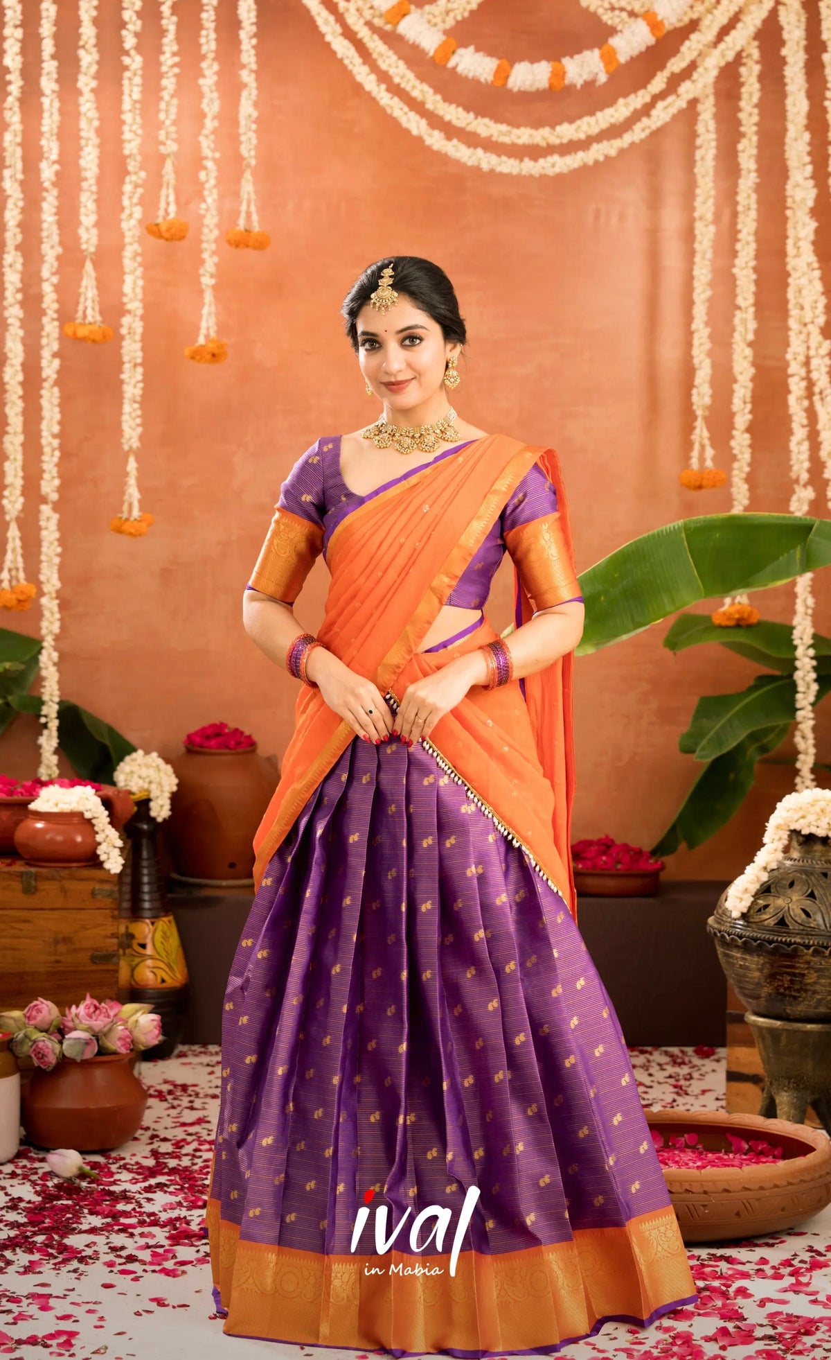 Izhaiyini Organza Halfsaree - Purple and Orange - Half Sarees