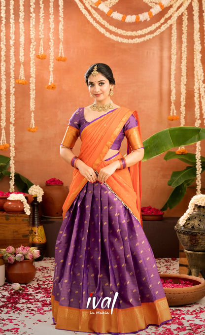 Izhaiyini Organza Halfsaree - Purple and Orange - Half Sarees