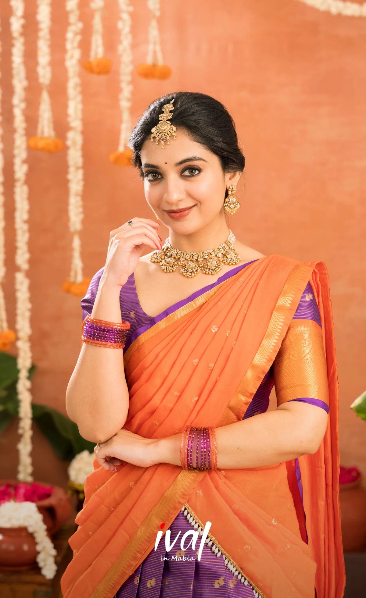 Izhaiyini Organza Halfsaree - Purple and Orange - Half Sarees