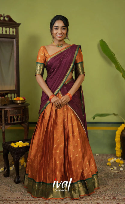 Izhaiyini Organza Halfsaree - Rust Orange and Dark maroonish wine - Half Sarees