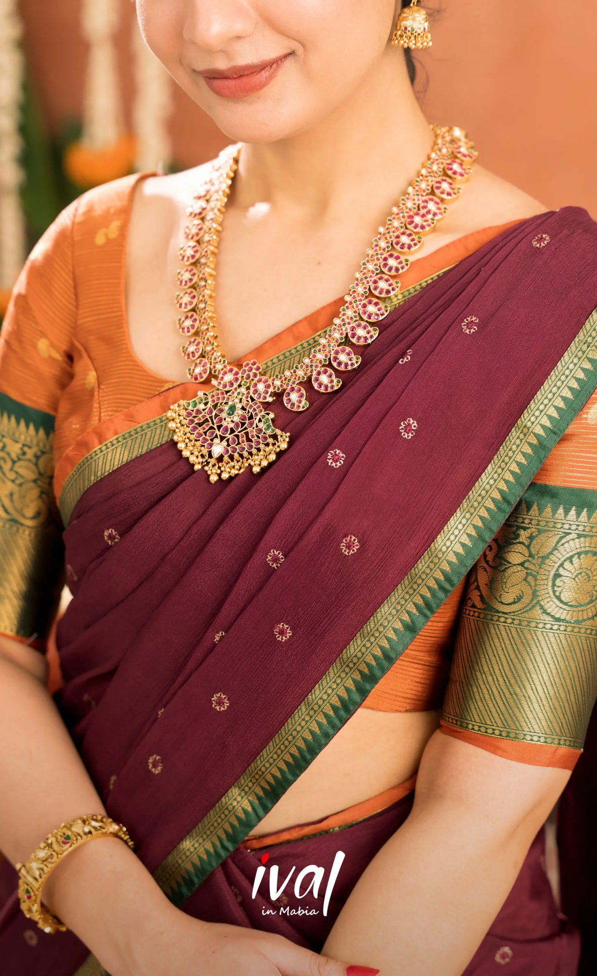 Izhaiyini Organza Halfsaree - Rust Orange and Dark maroonish wine - Half Sarees