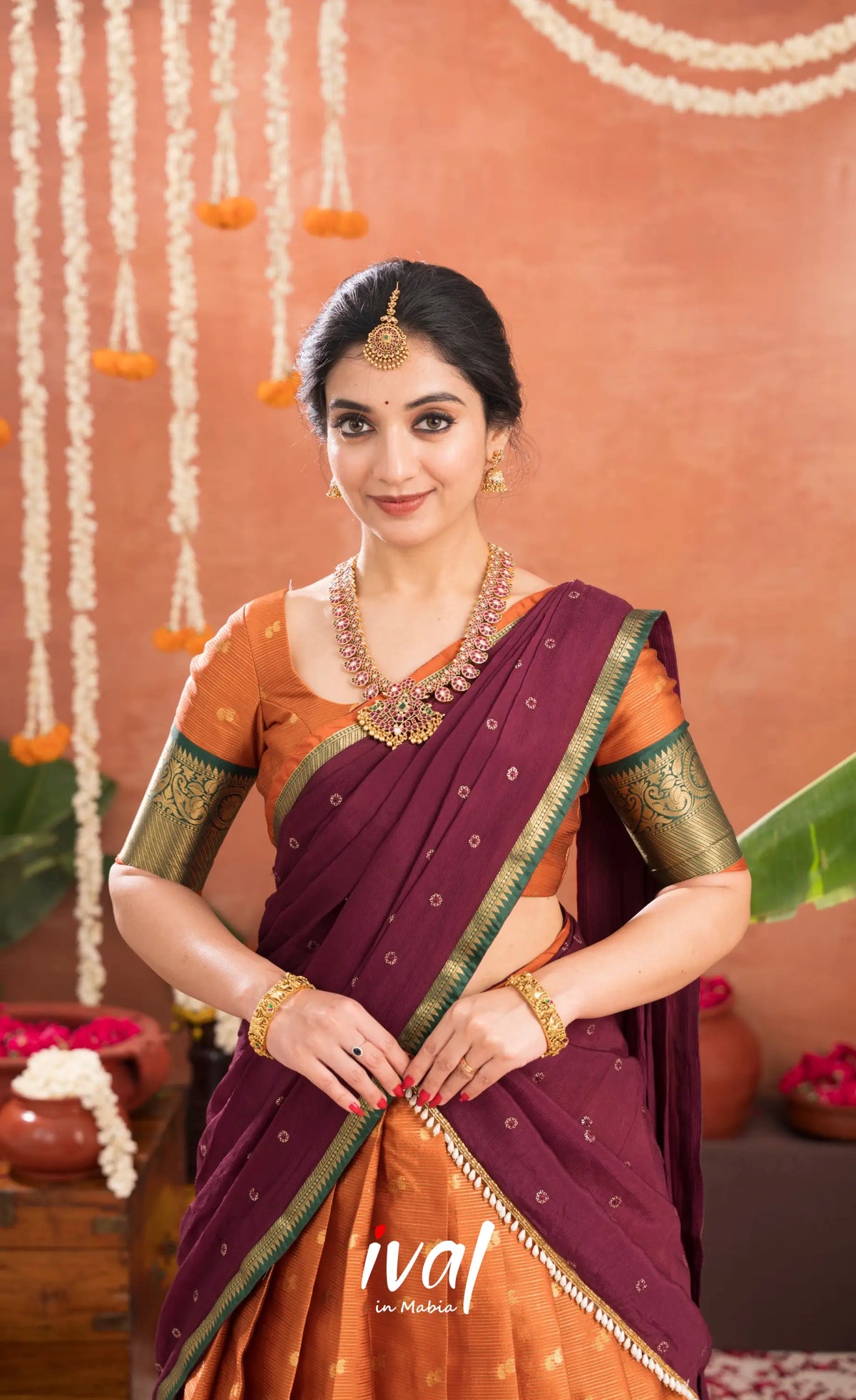 Izhaiyini Organza Halfsaree - Rust Orange and Dark maroonish wine - Half Sarees