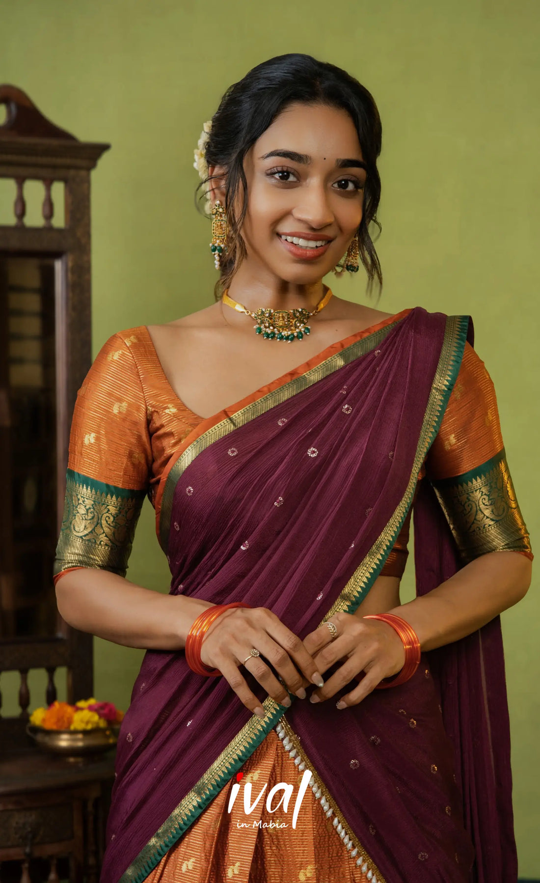 Izhaiyini Organza Halfsaree - Rust Orange and Dark maroonish wine - Half Sarees