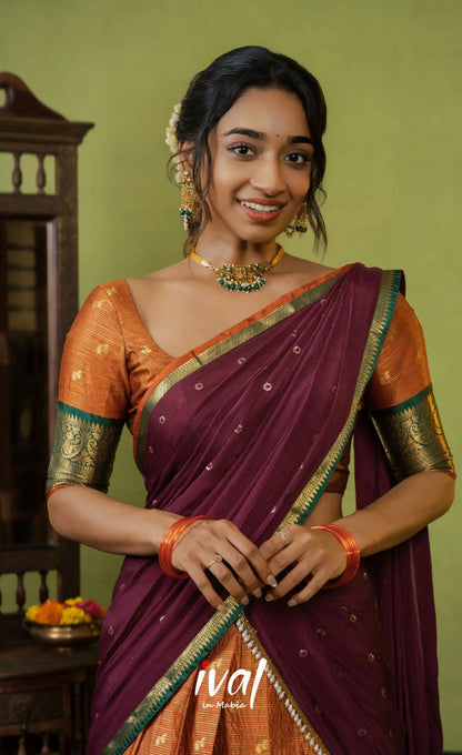 Izhaiyini Organza Halfsaree - Rust Orange and Dark maroonish wine - Half Sarees
