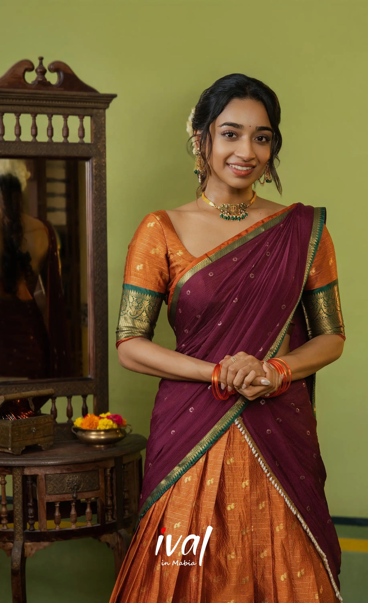 Izhaiyini Organza Halfsaree - Rust Orange and Dark maroonish wine - Half Sarees