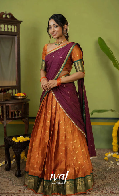Izhaiyini Organza Halfsaree - Rust Orange and Dark maroonish wine - Half Sarees