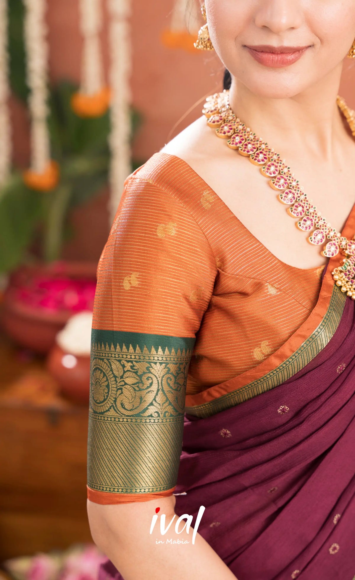 Izhaiyini Organza Halfsaree - Rust Orange and Dark maroonish wine - Half Sarees