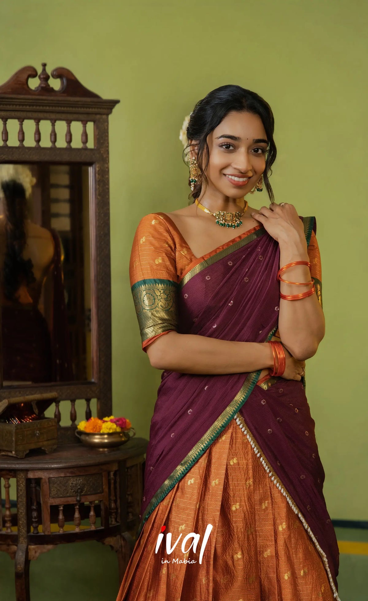 Izhaiyini Organza Halfsaree - Rust Orange and Dark maroonish wine - Half Sarees