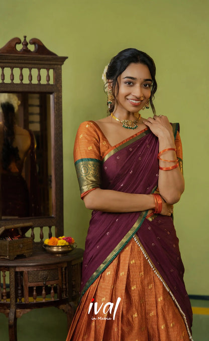 Izhaiyini Organza Halfsaree - Rust Orange and Dark maroonish wine - Half Sarees