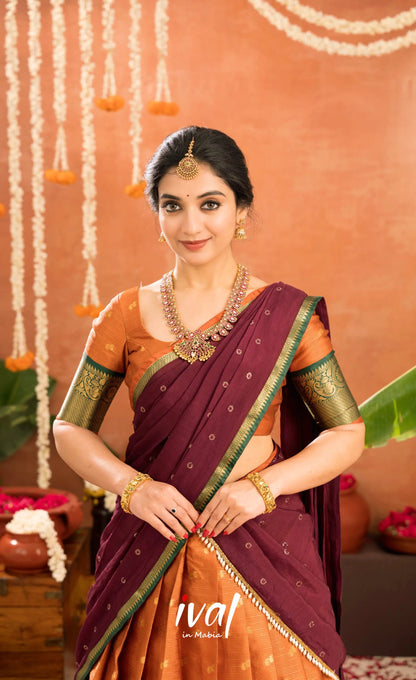 Izhaiyini Organza Halfsaree - Rust Orange and Dark maroonish wine - Half Sarees