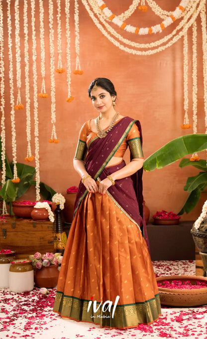 Izhaiyini Organza Halfsaree - Rust Orange and Dark maroonish wine - Half Sarees
