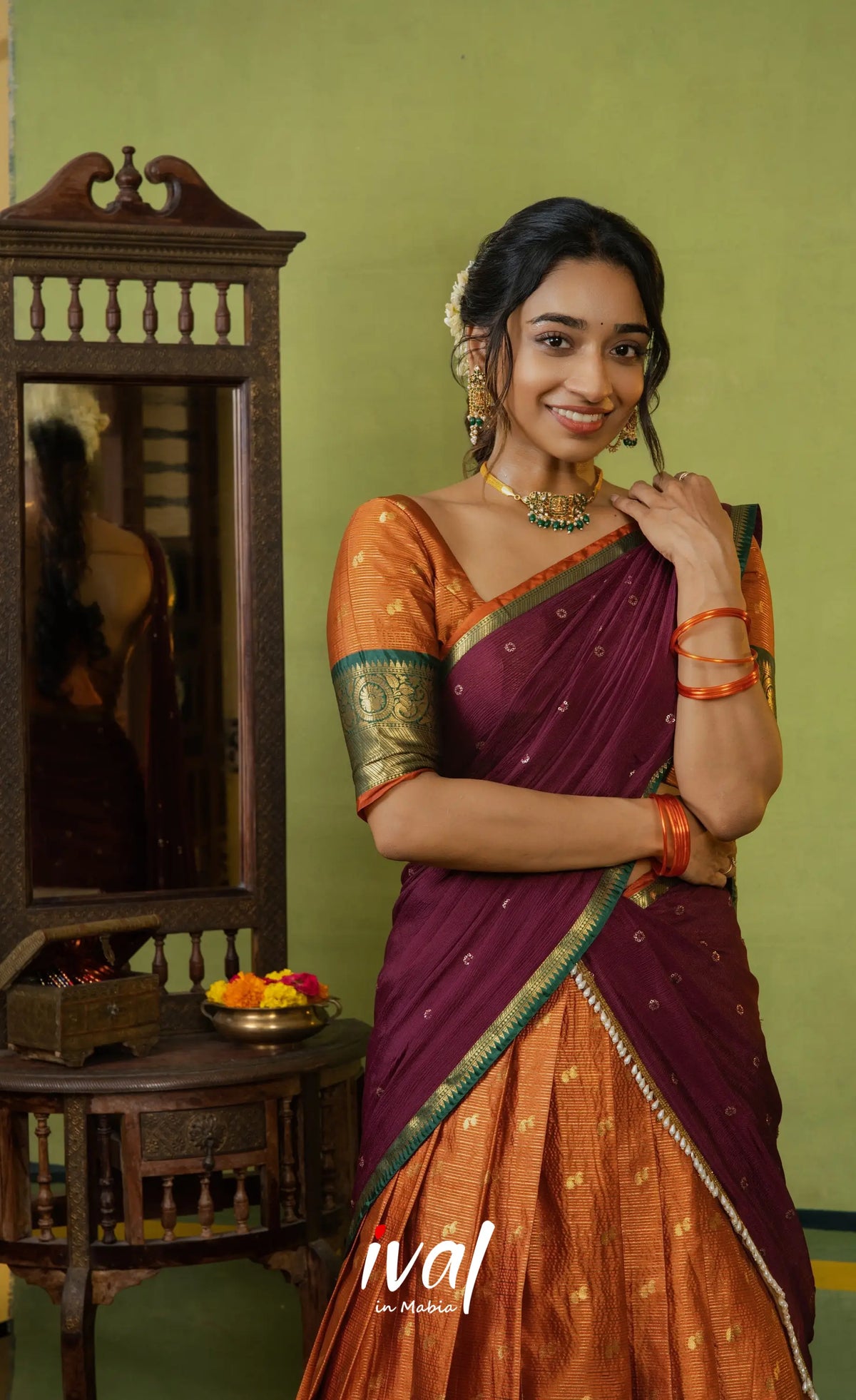 Izhaiyini Organza Halfsaree - Rust Orange and Dark maroonish wine - Half Sarees