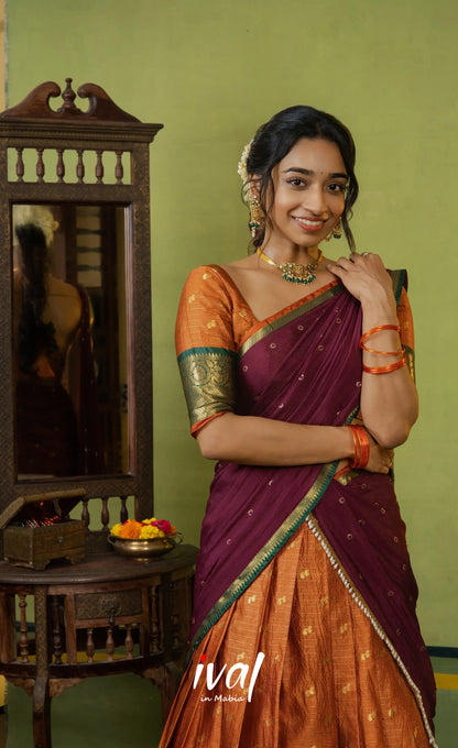 Izhaiyini Organza Halfsaree - Rust Orange and Dark maroonish wine - Half Sarees