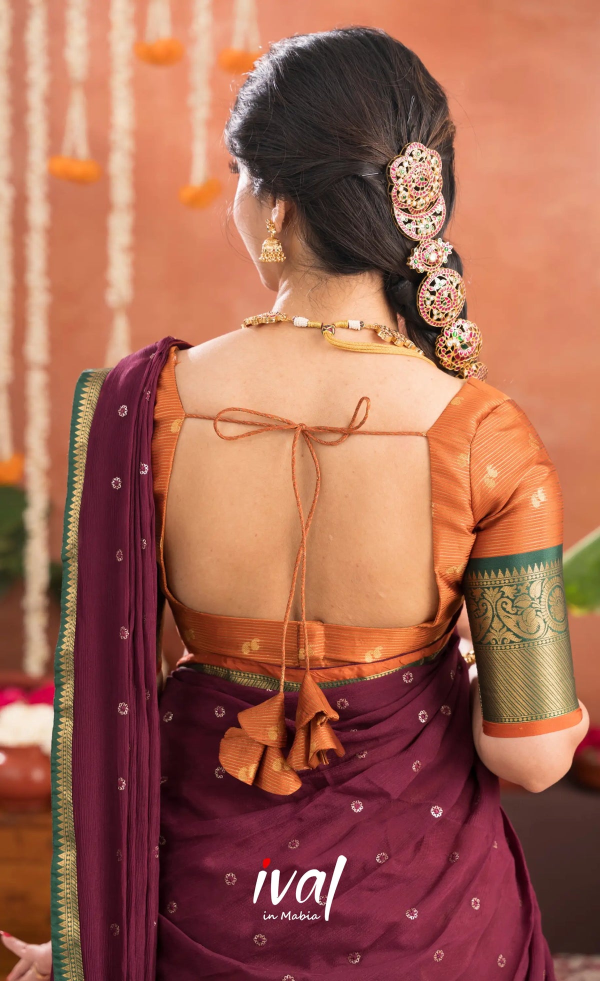 Izhaiyini Organza Halfsaree - Rust Orange and Dark maroonish wine - Half Sarees