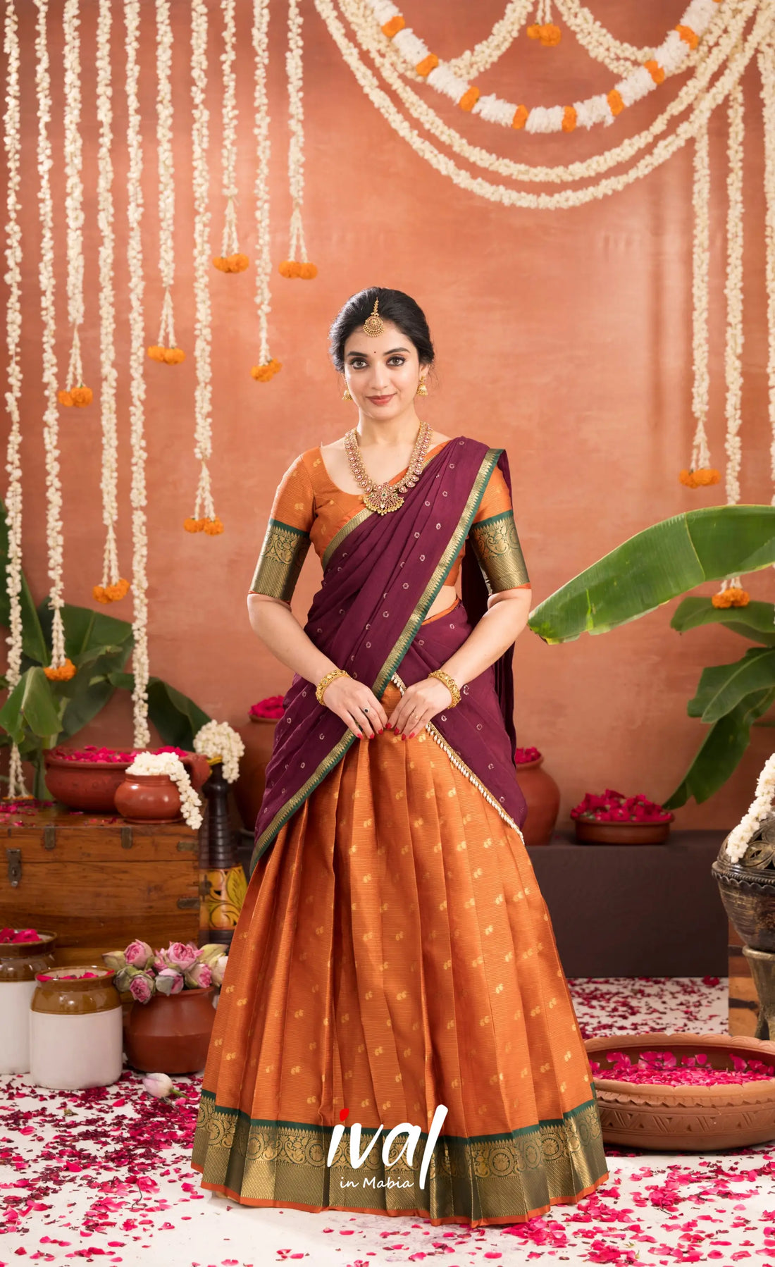 Izhaiyini Organza Halfsaree - Rust Orange and Dark maroonish wine - Half Sarees