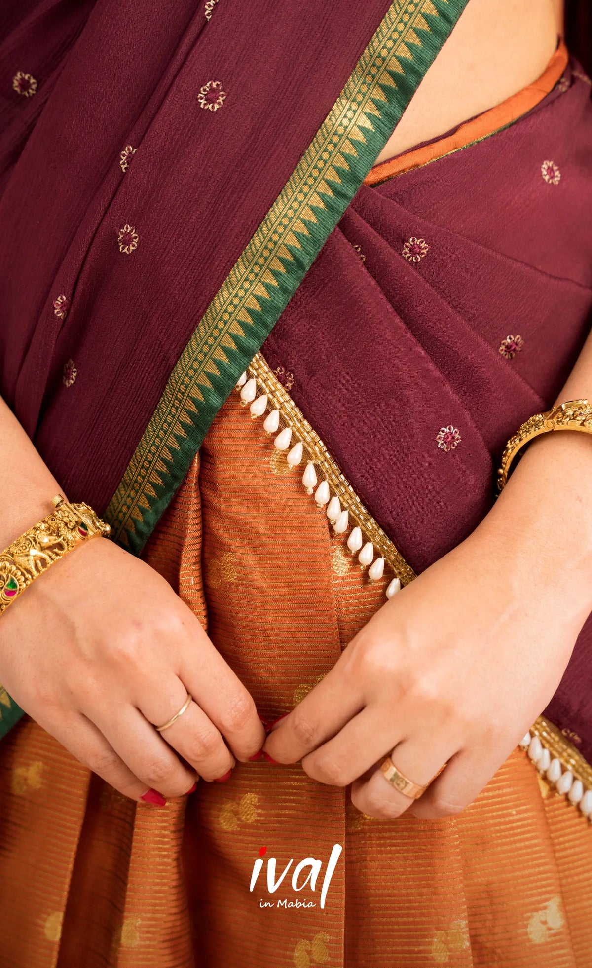 Izhaiyini Organza Halfsaree - Rust Orange and Dark maroonish wine - Half Sarees