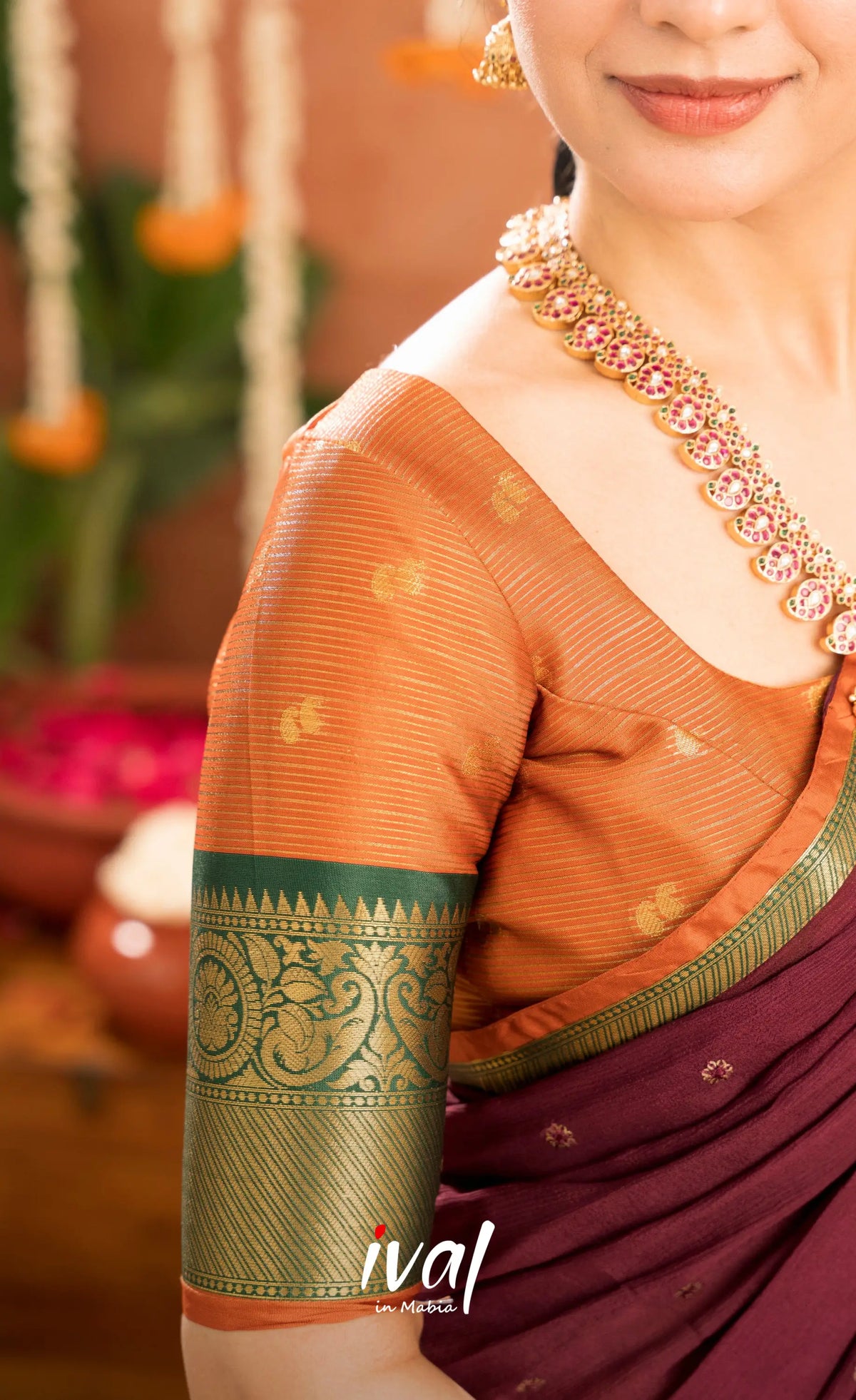 Izhaiyini Organza Halfsaree - Rust Orange and Dark maroonish wine - Half Sarees