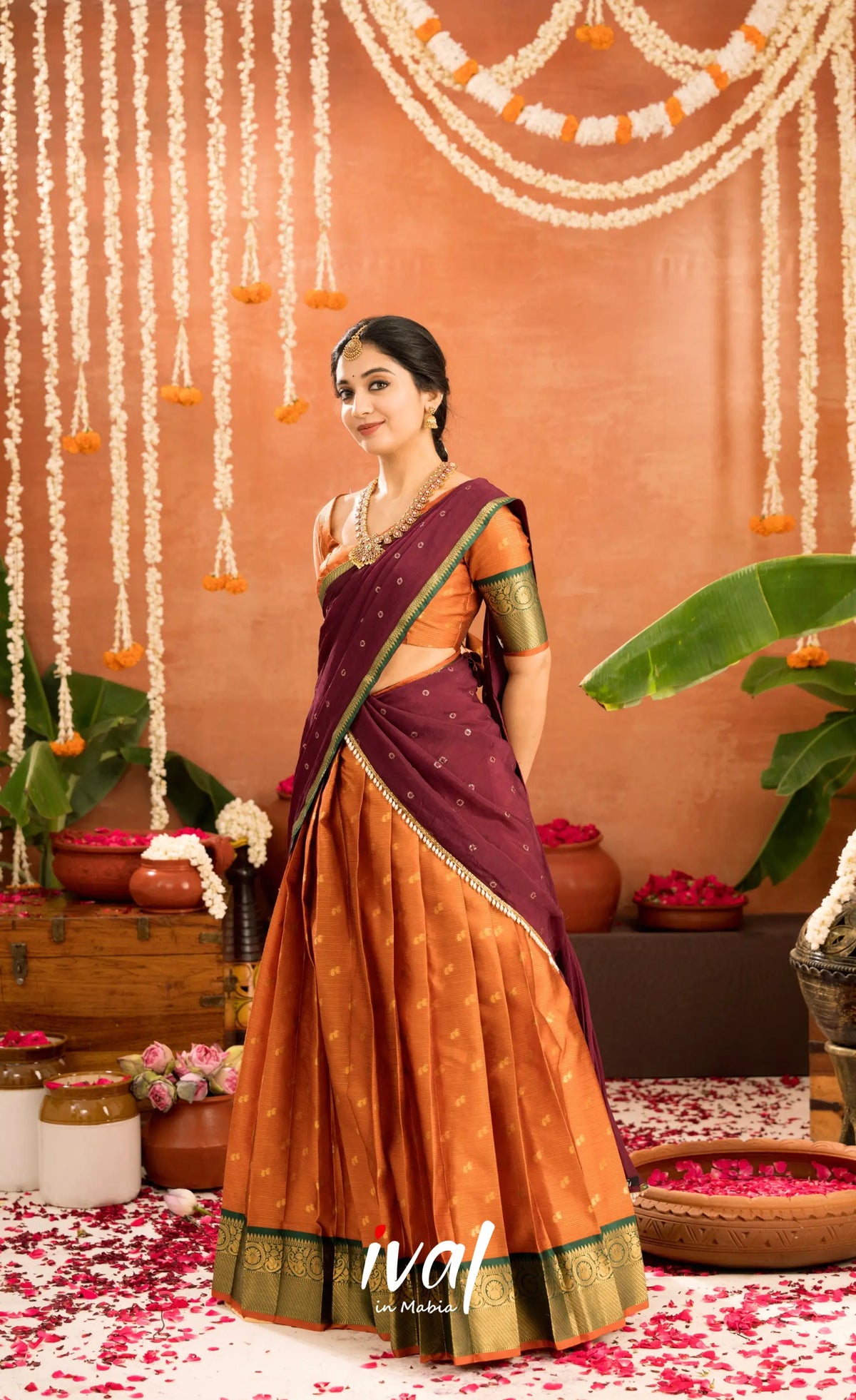 Izhaiyini Organza Halfsaree - Rust Orange and Dark maroonish wine - Half Sarees