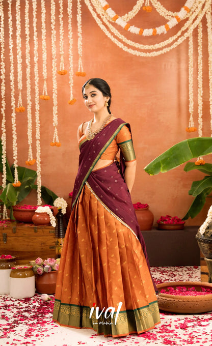 Izhaiyini Organza Halfsaree - Rust Orange and Dark maroonish wine - Half Sarees