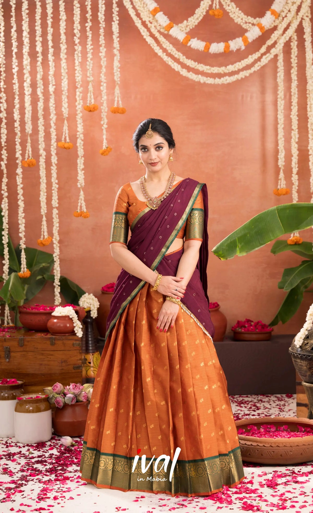 Izhaiyini Organza Halfsaree - Rust Orange and Dark maroonish wine - Half Sarees