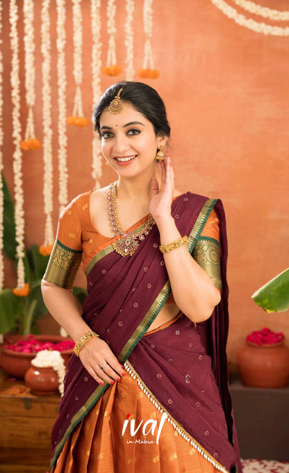 Izhaiyini Organza Halfsaree - Rust Orange and Dark maroonish wine - Half Sarees