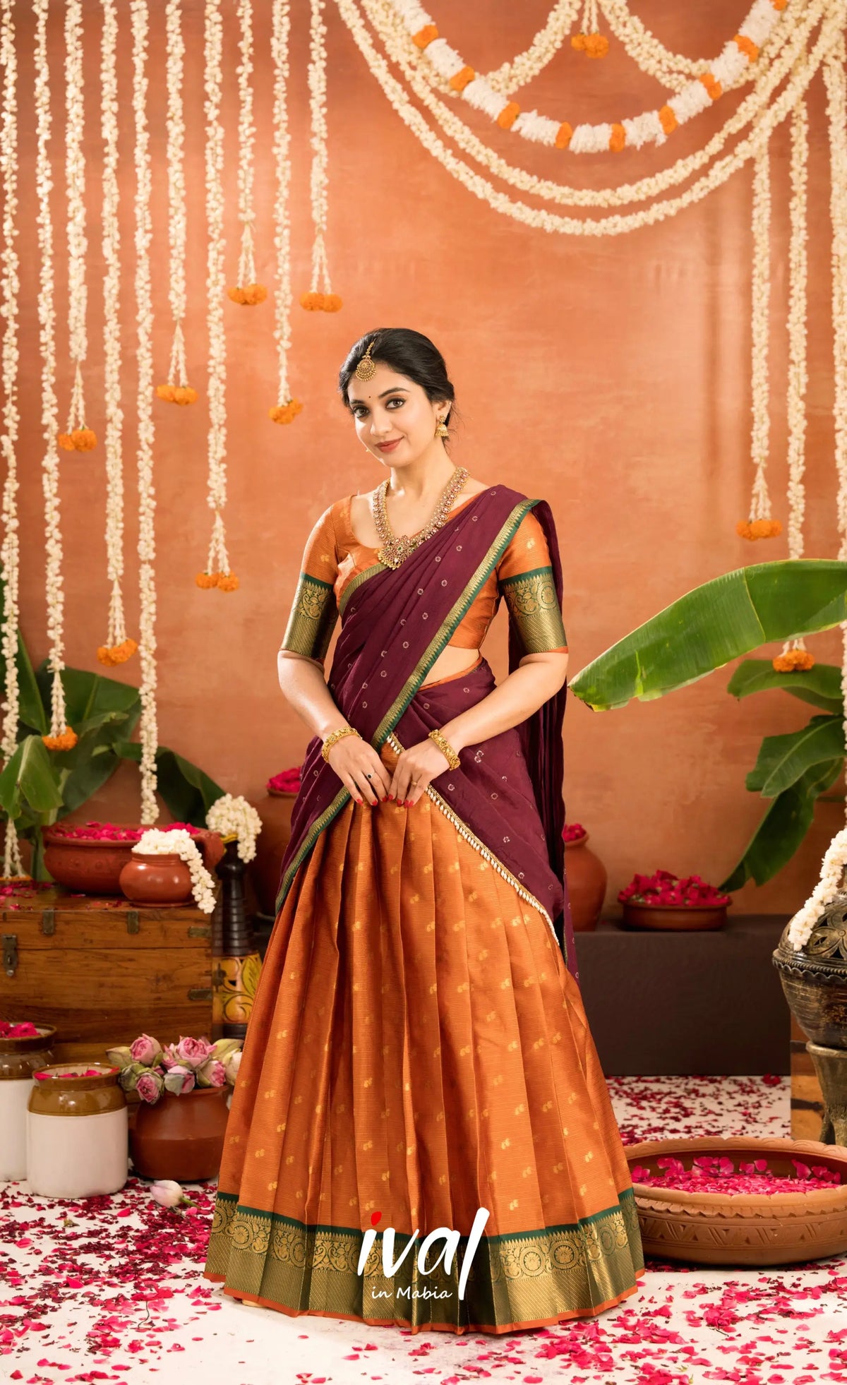Izhaiyini Organza Halfsaree - Rust Orange and Dark maroonish wine - Half Sarees