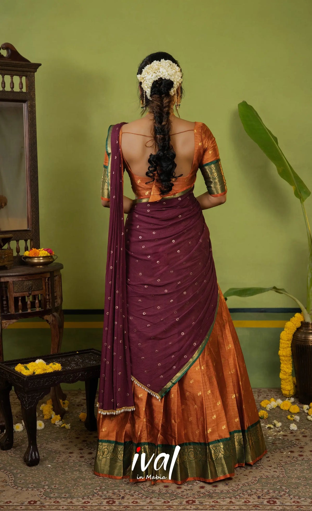 Izhaiyini Organza Halfsaree - Rust Orange and Dark maroonish wine - Half Sarees