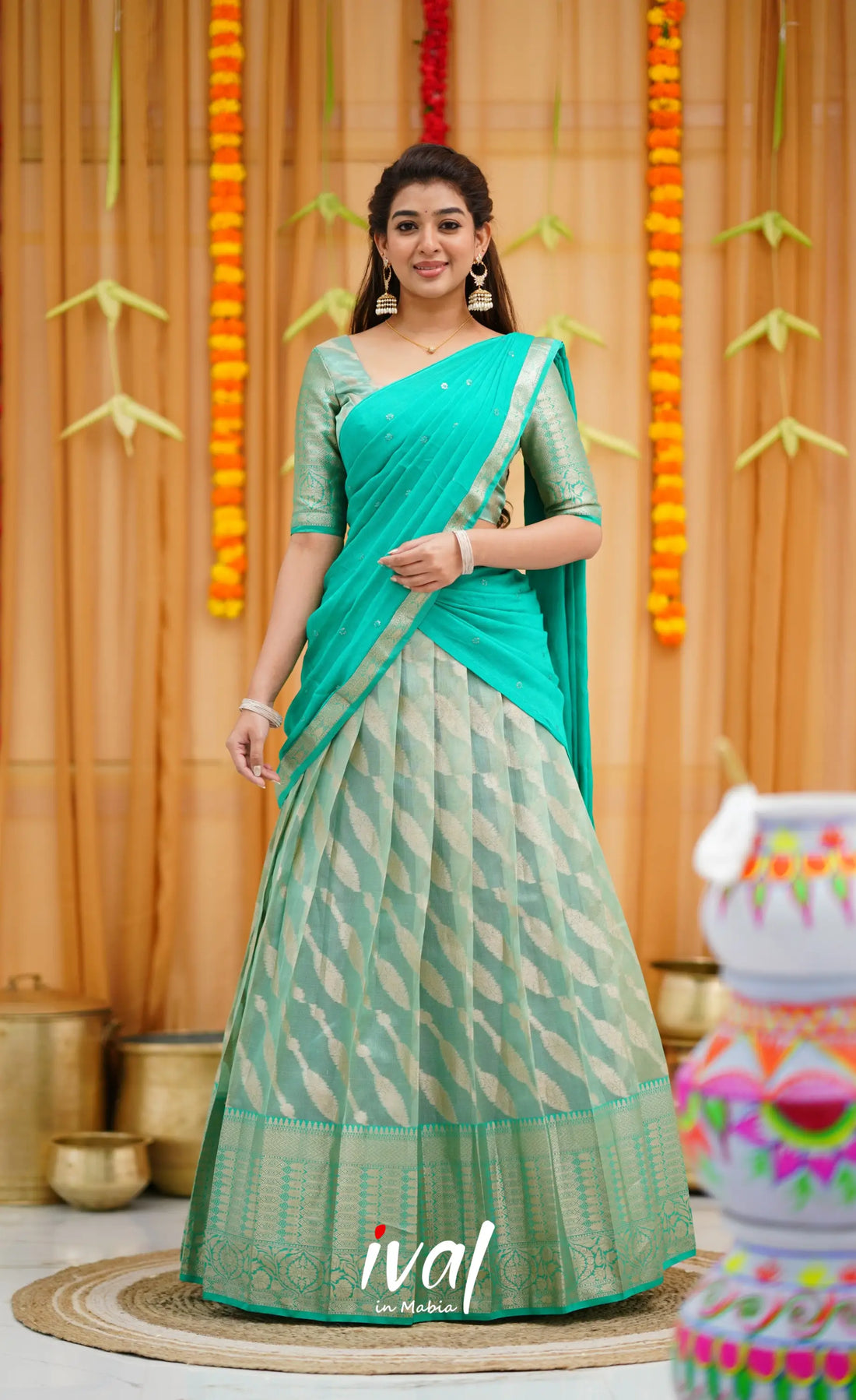 Izhaiyini Organza Halfsaree - Sea Green and Teal Green Half Sarees