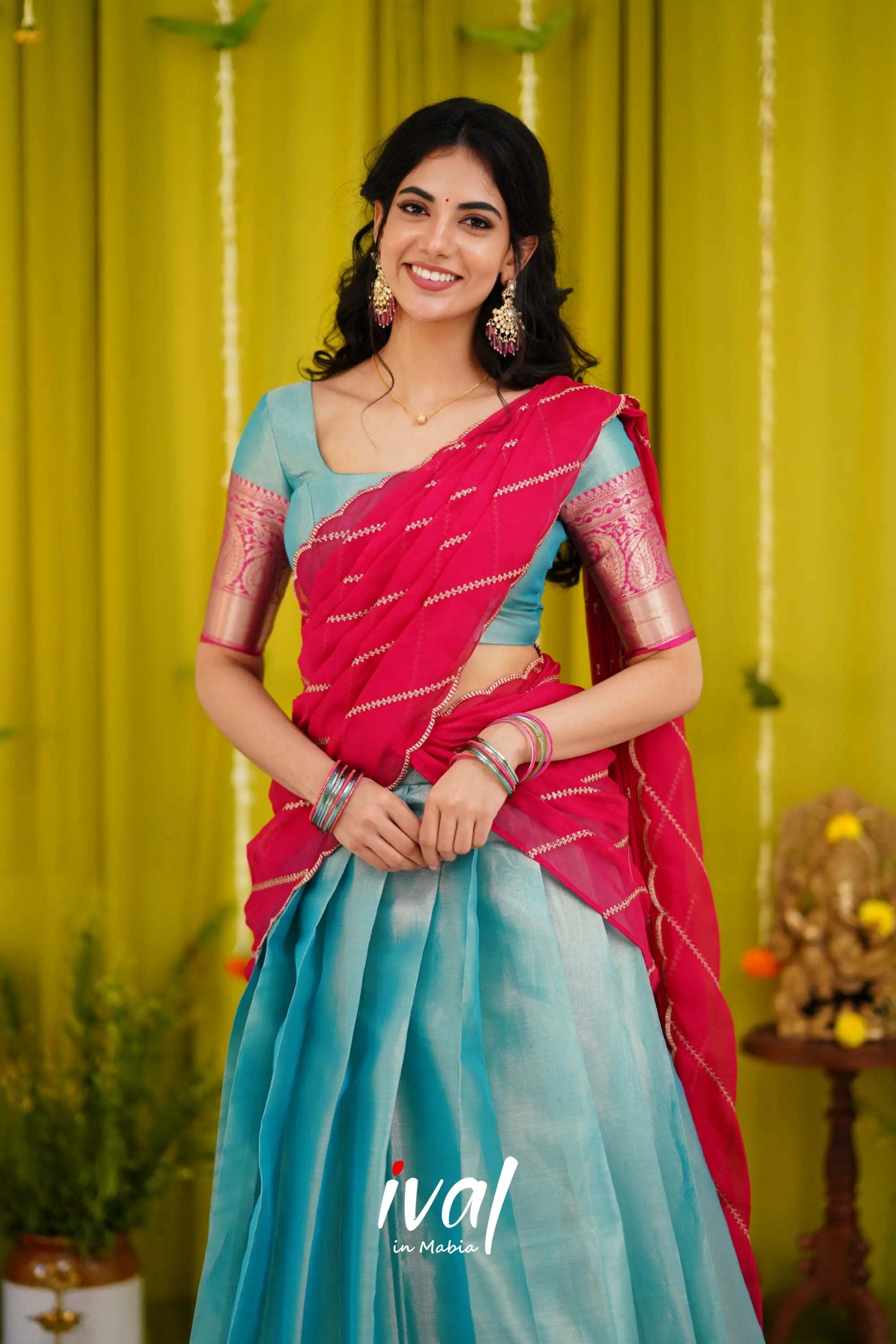 Izhaiyini Organza Halfsaree - Sky Blue And Pink Half Sarees