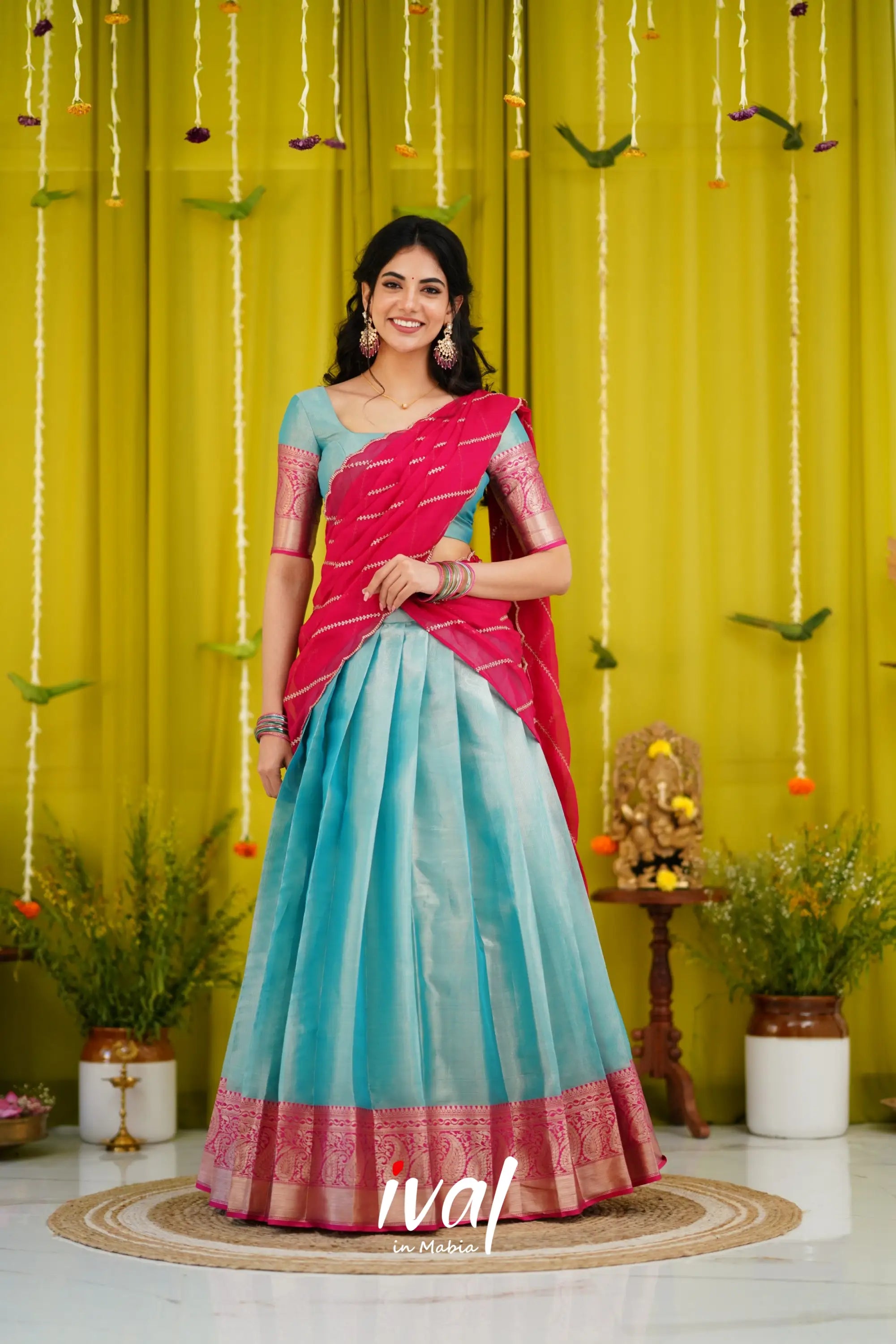 Izhaiyini Organza Halfsaree - Sky Blue And Pink Half Sarees