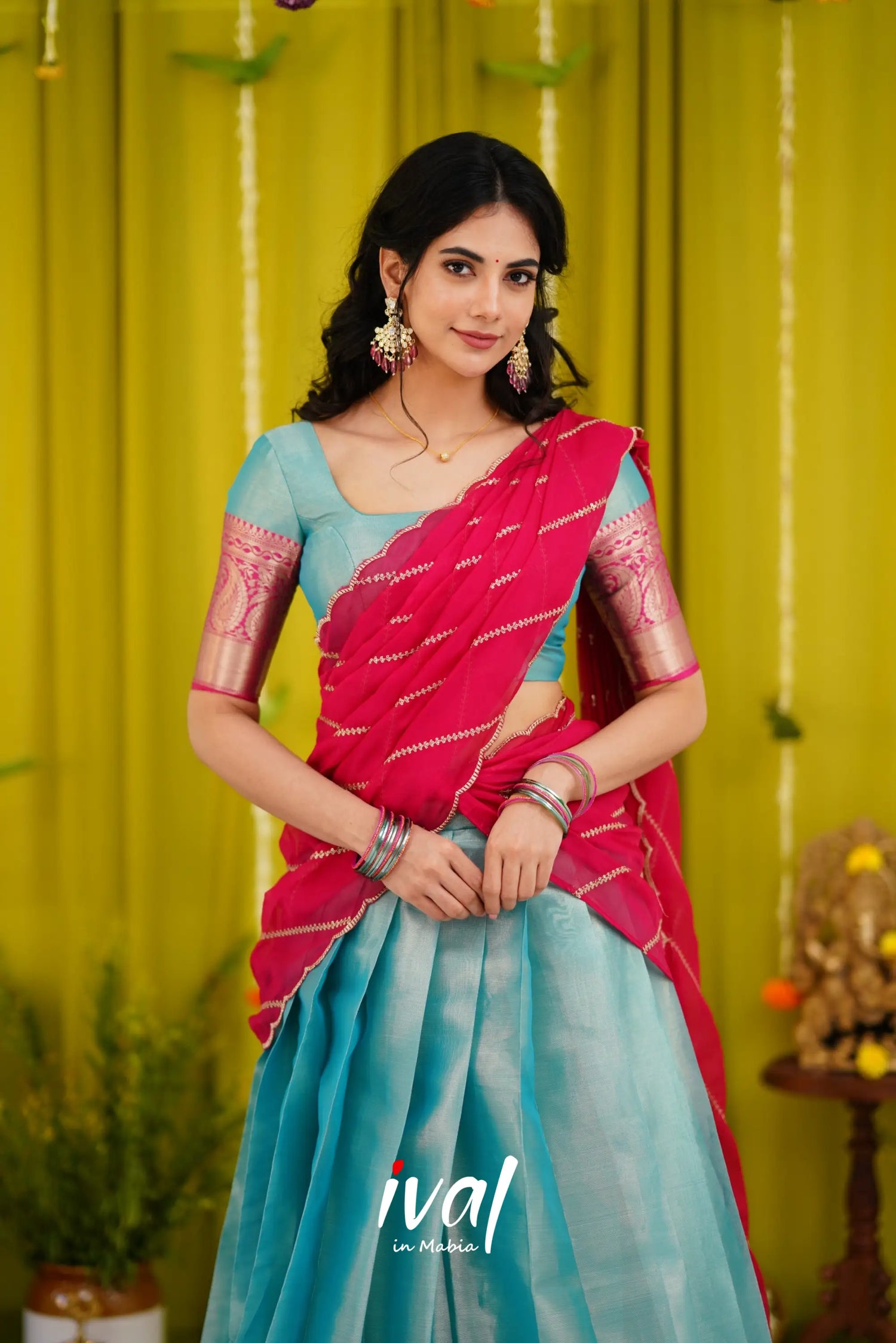 Izhaiyini Organza Halfsaree - Sky Blue And Pink Half Sarees