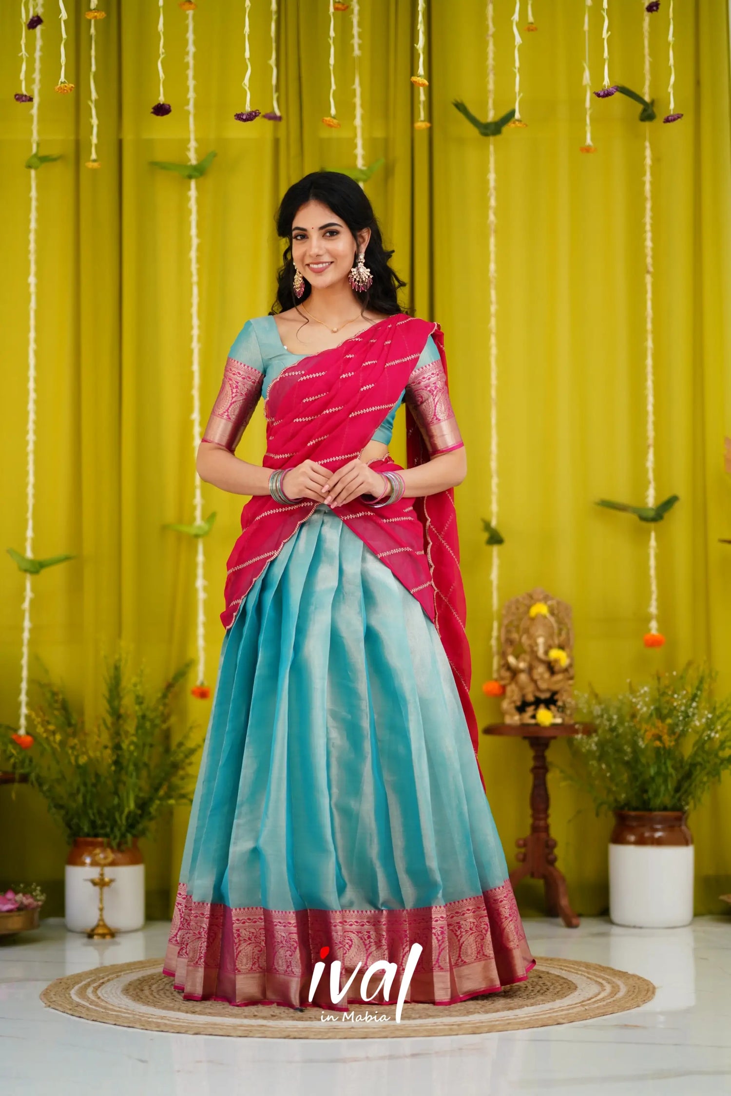 Izhaiyini Organza Halfsaree - Sky Blue And Pink Half Sarees