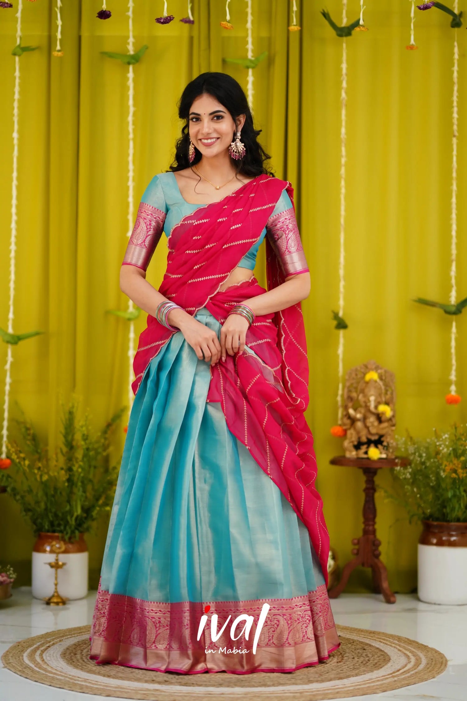 Izhaiyini Organza Halfsaree - Sky Blue And Pink Half Sarees