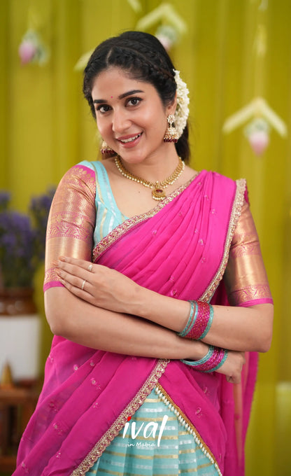 Izhaiyini Organza Halfsaree - Sky Blue and Rani Pink - Half Sarees