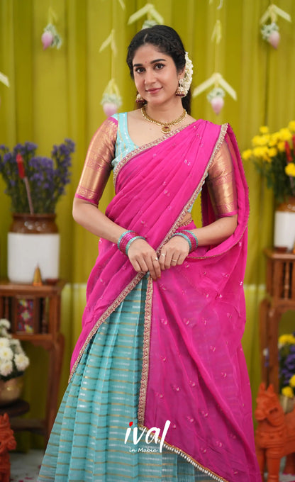 Izhaiyini Organza Halfsaree - Sky Blue and Rani Pink - Half Sarees