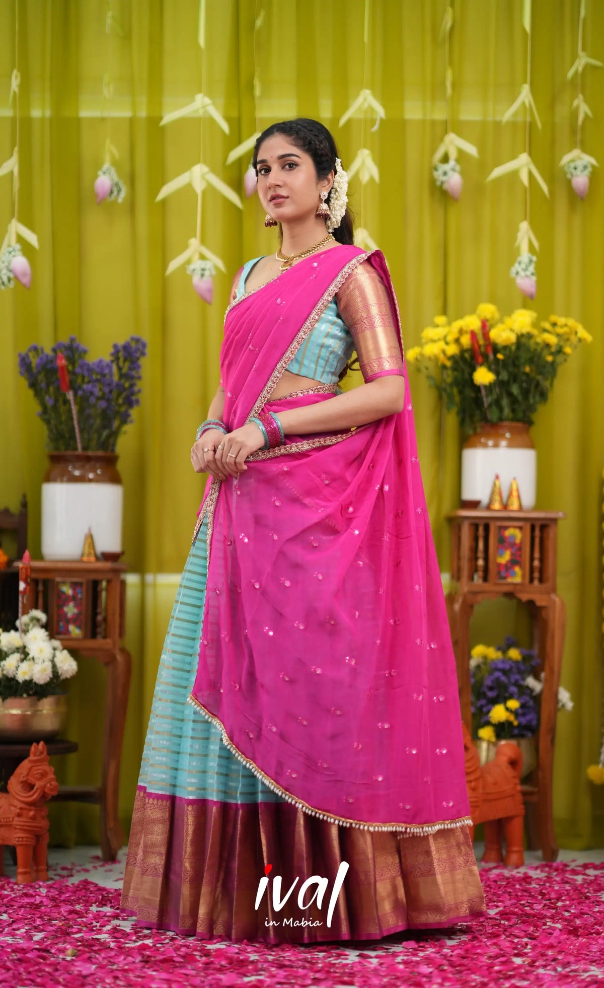 Izhaiyini Organza Halfsaree - Sky Blue and Rani Pink - Half Sarees