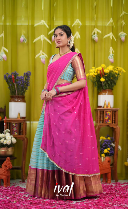 Izhaiyini Organza Halfsaree - Sky Blue and Rani Pink - Half Sarees