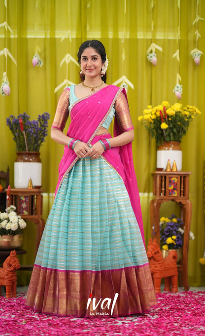 Izhaiyini Organza Halfsaree - Sky Blue and Rani Pink - Half Sarees