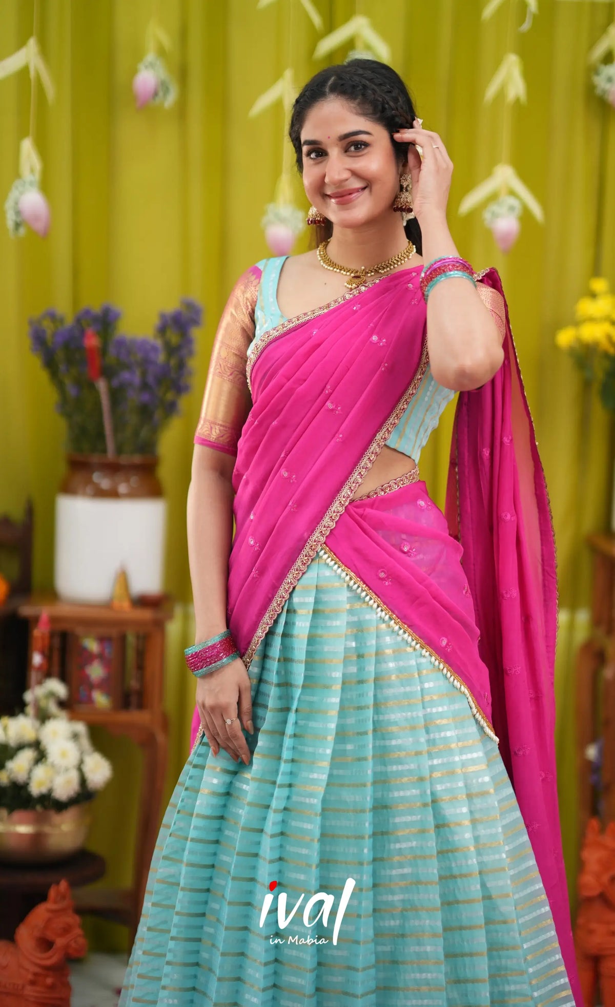 Izhaiyini Organza Halfsaree - Sky Blue and Rani Pink - Half Sarees
