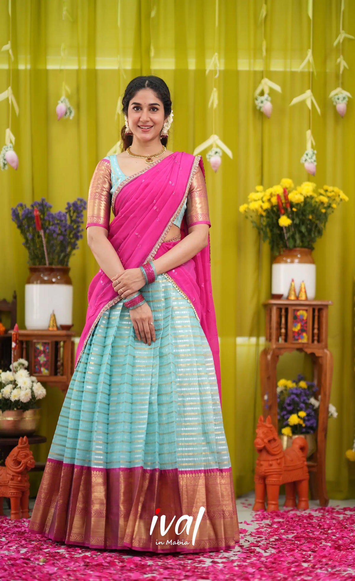 Izhaiyini Organza Halfsaree - Sky Blue and Rani Pink - Half Sarees