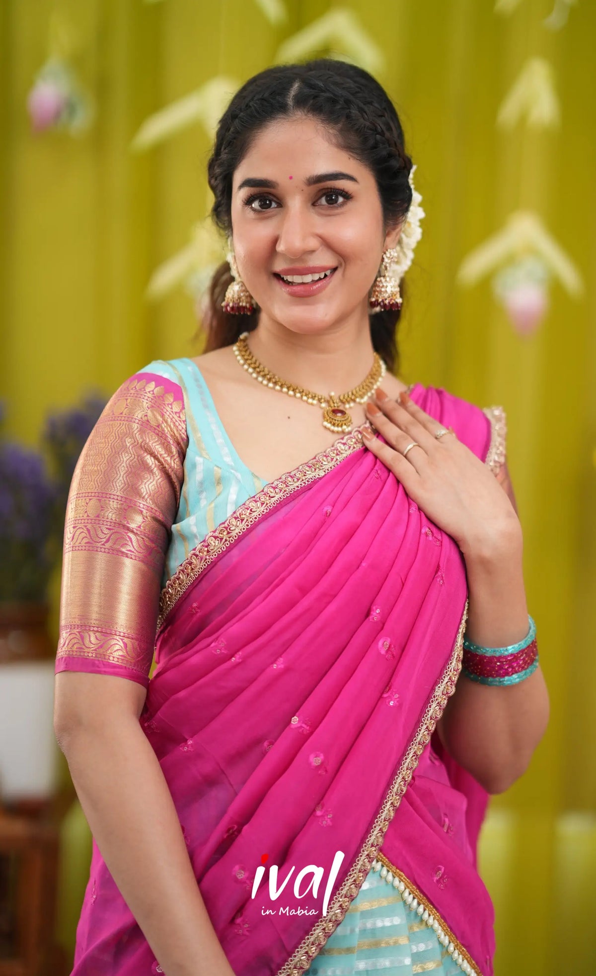 Izhaiyini Organza Halfsaree - Sky Blue and Rani Pink - Half Sarees