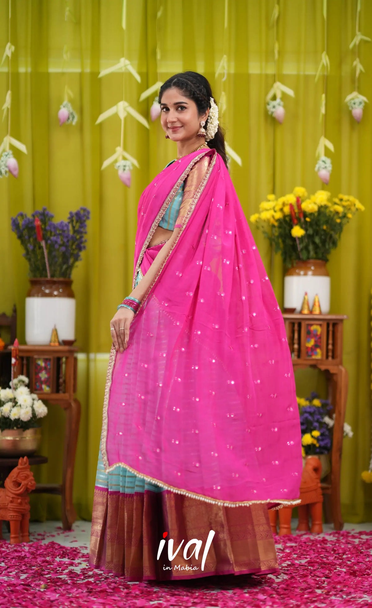 Izhaiyini Organza Halfsaree - Sky Blue and Rani Pink - Half Sarees