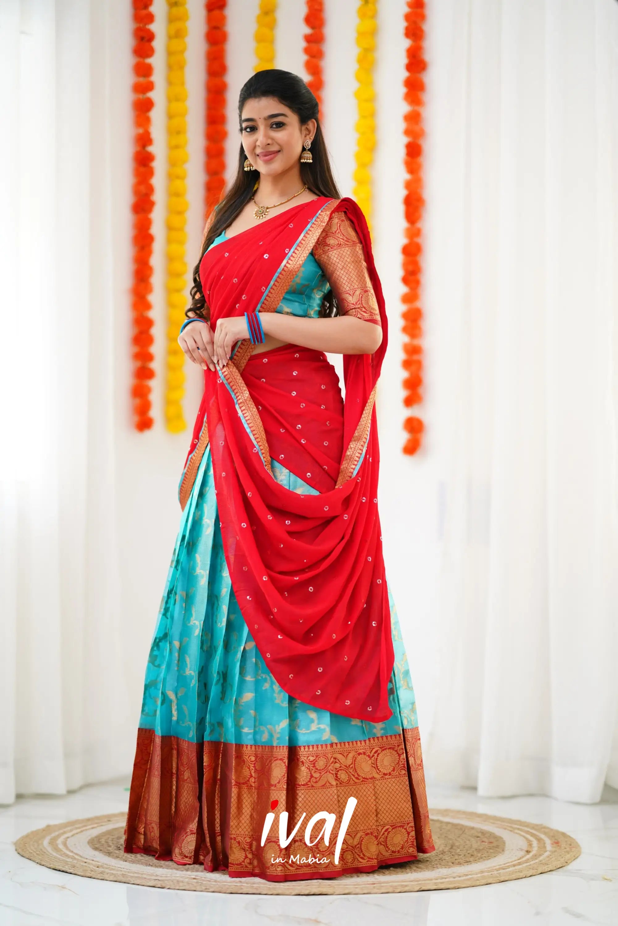 Izhaiyini Organza Halfsaree - Sky Blue And Red Half Sarees