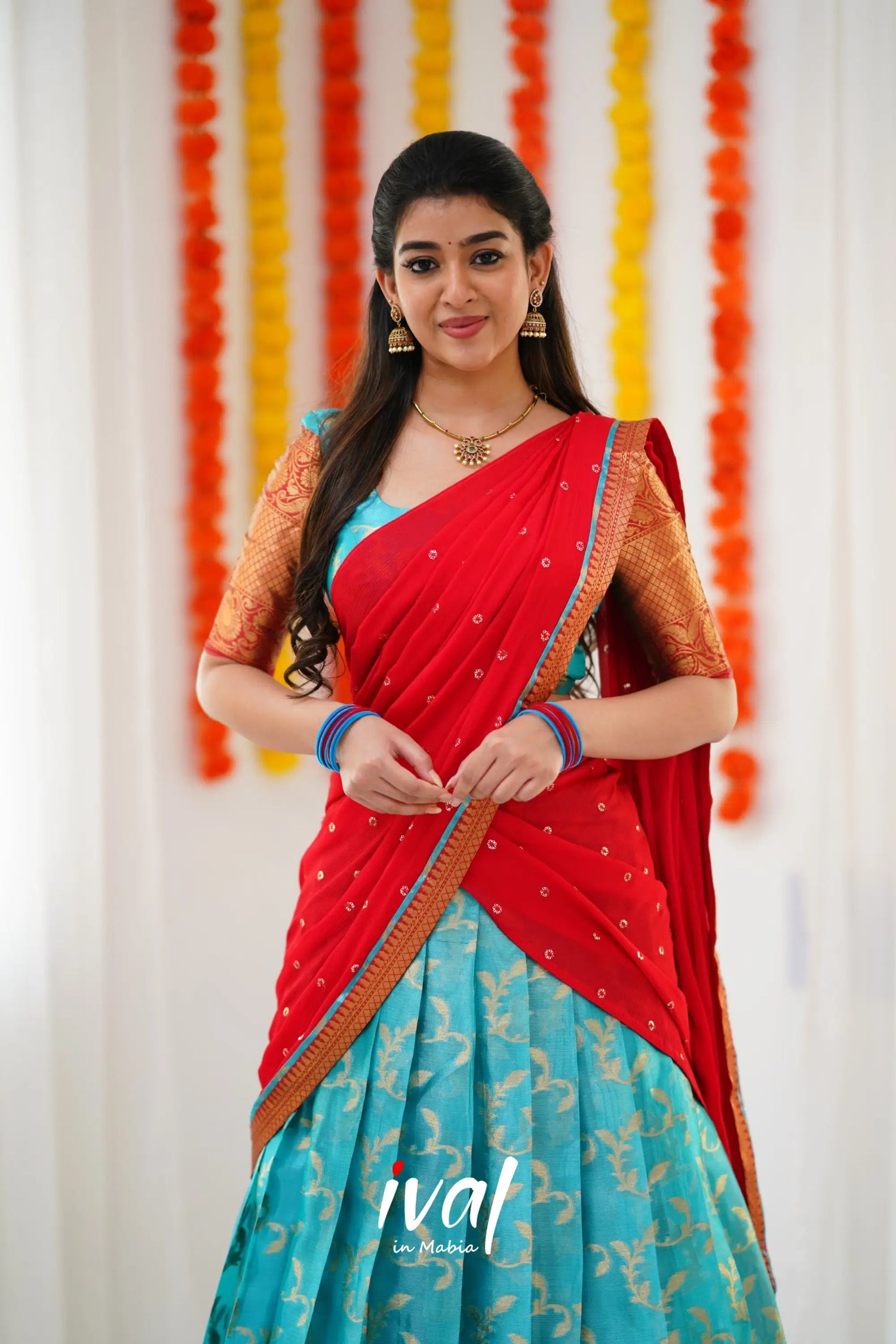 Izhaiyini Organza Halfsaree - Sky Blue And Red Half Sarees