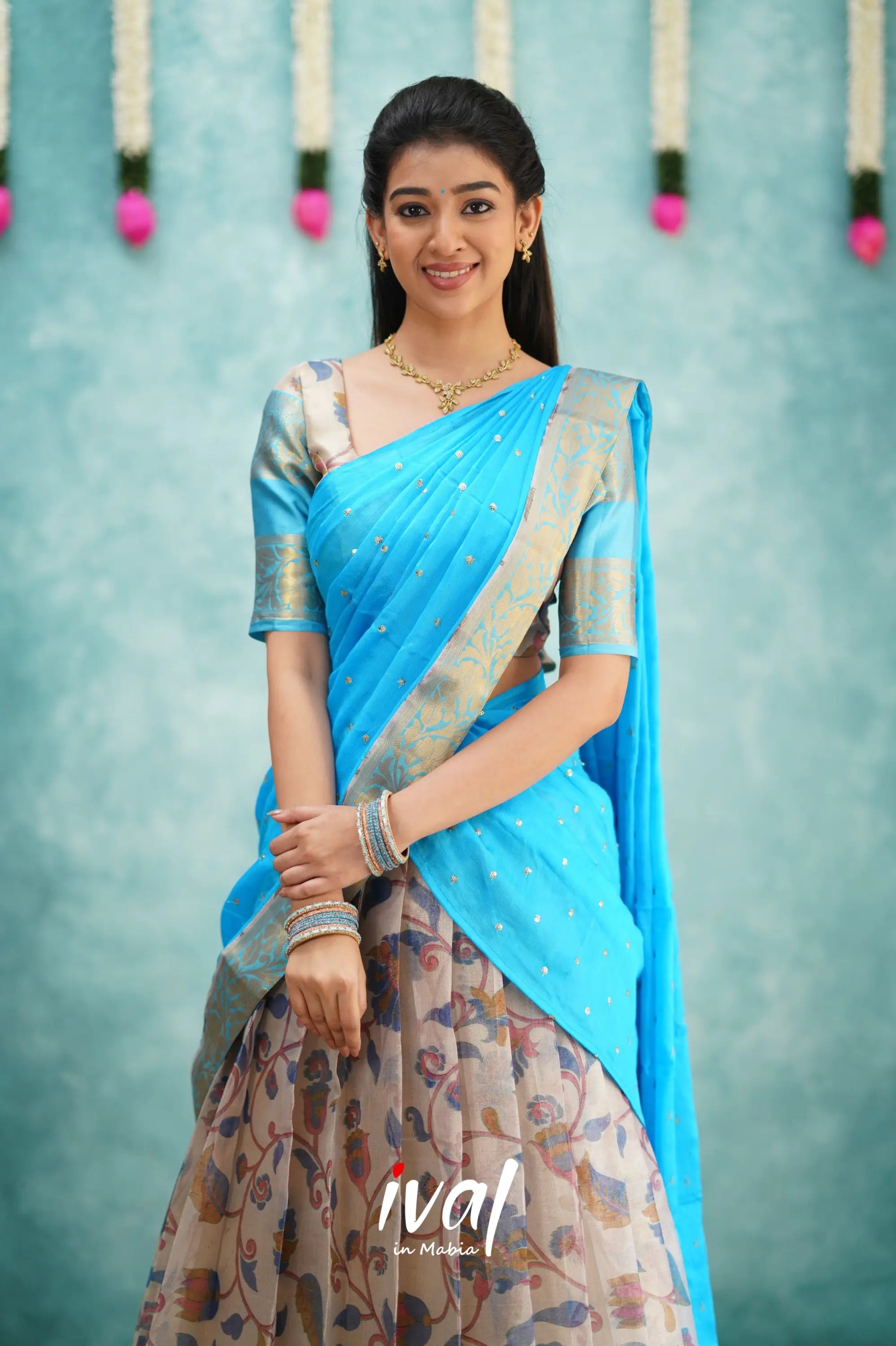 Izhaiyini Organza Halfsaree - Sky Blue Half Sarees