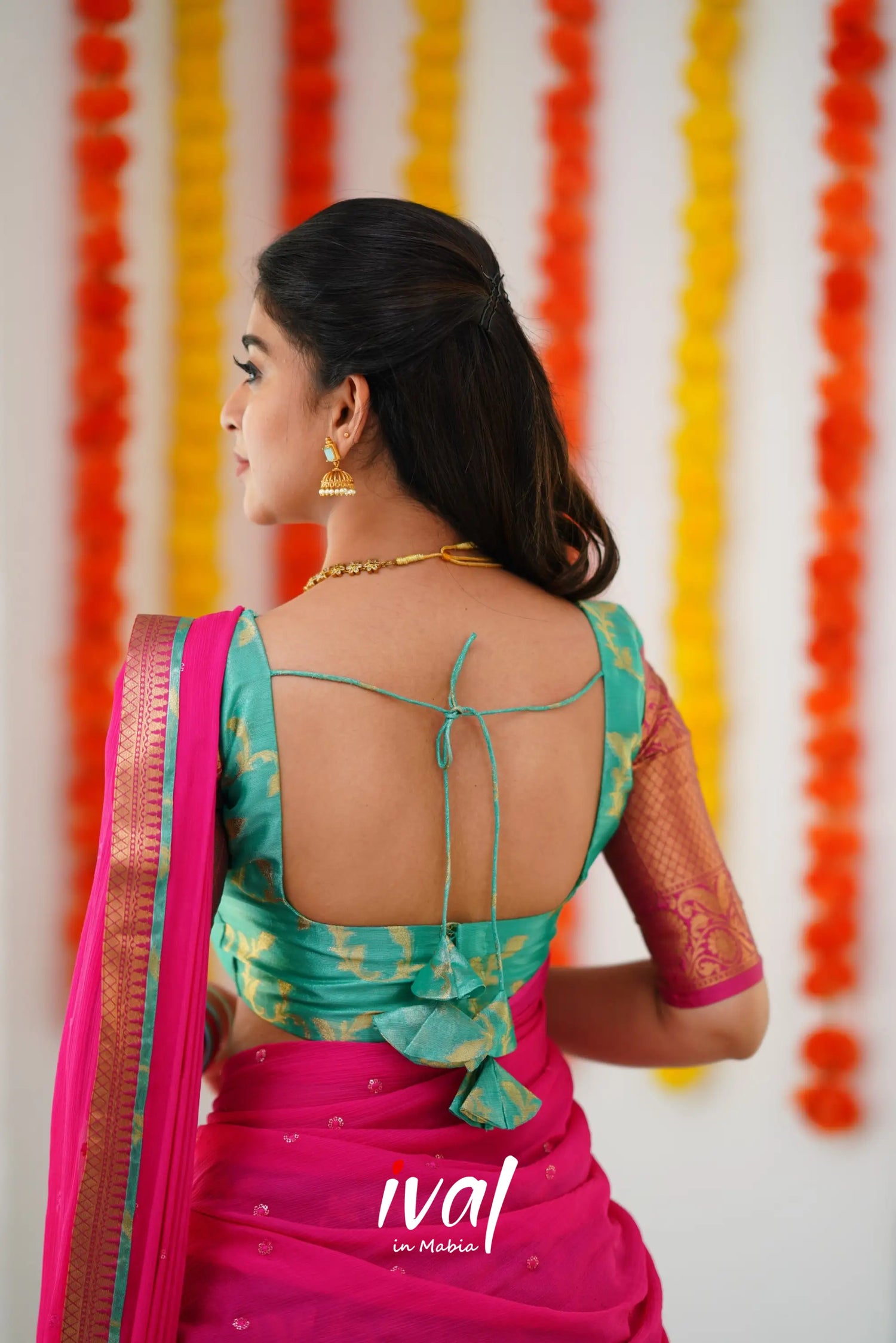 Izhaiyini Organza Halfsaree - Teal Green And Dark Pink Half Sarees