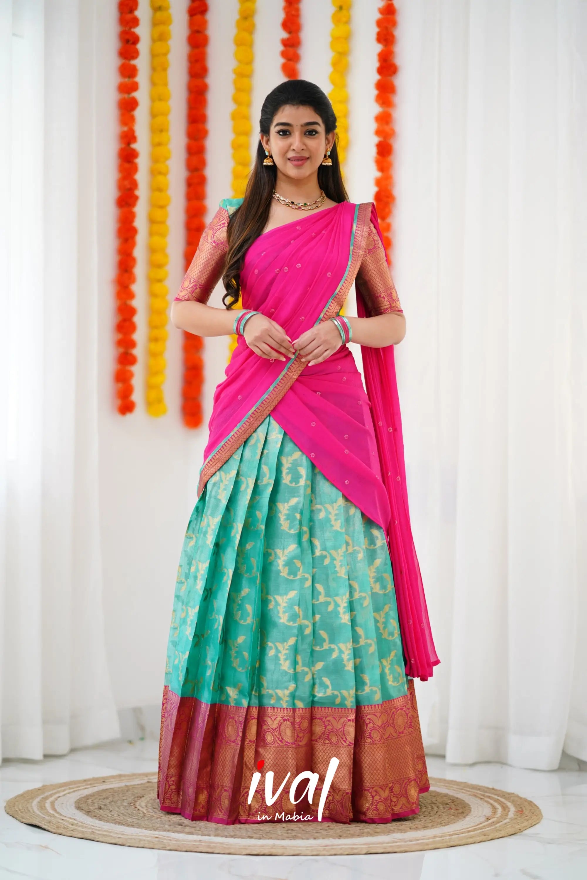 Izhaiyini Organza Halfsaree - Teal Green And Dark Pink Half Sarees