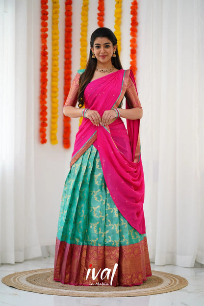 Izhaiyini Organza Halfsaree - Teal Green And Dark Pink Half Sarees